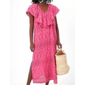 Tuckernuck Fuchsia Pink Ruffle Eyelet V-Neck Midi Slit Pull On Summer Dress XS